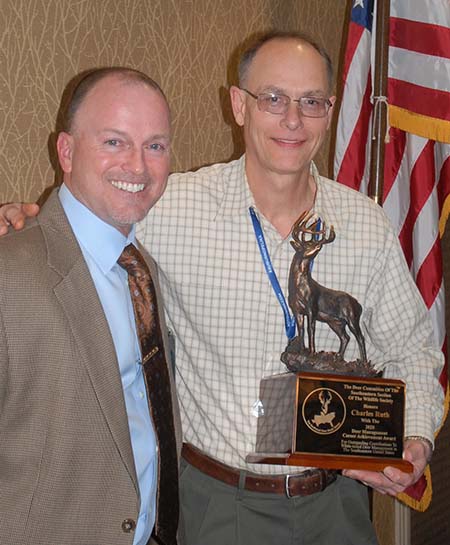 Charles Ruth of SCDNR (right) with Steve Shea, SE TWS Deer Committee Chairman, presenting the 2020 Deer Management Career Achievement Award.