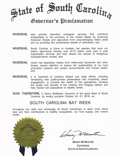 A proclamation from Governor Henry McMasters office has declared October 24-31 Bat Week in South Carolina.