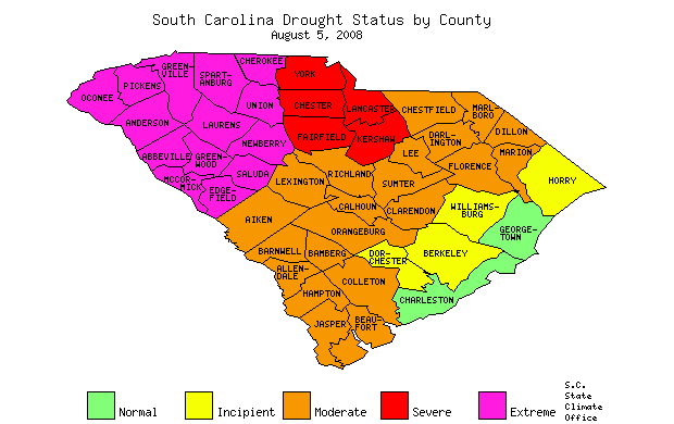 South Carolina Drought Map for August 5, 2008