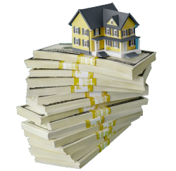 Stack of banded money with a house model on top