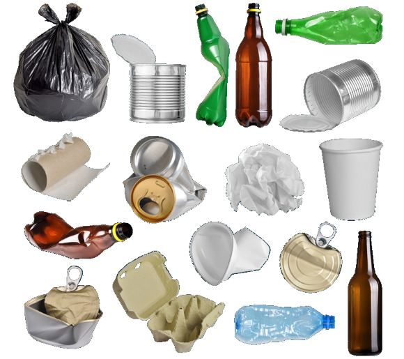 Examples of different kinds of litter including cans, cups, bottles and glass.