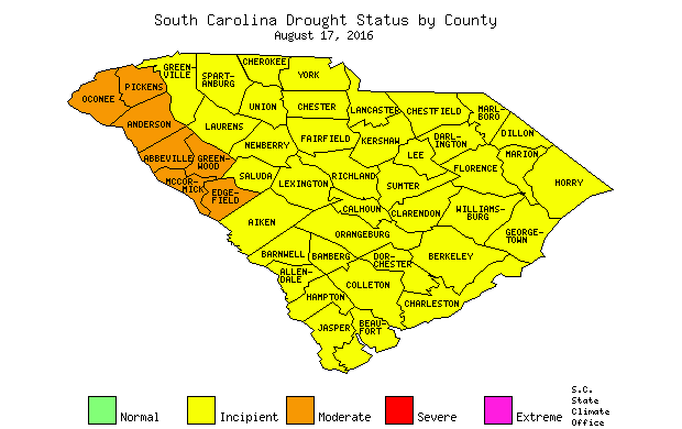 South Carolina Drought Map for August 17, 2016