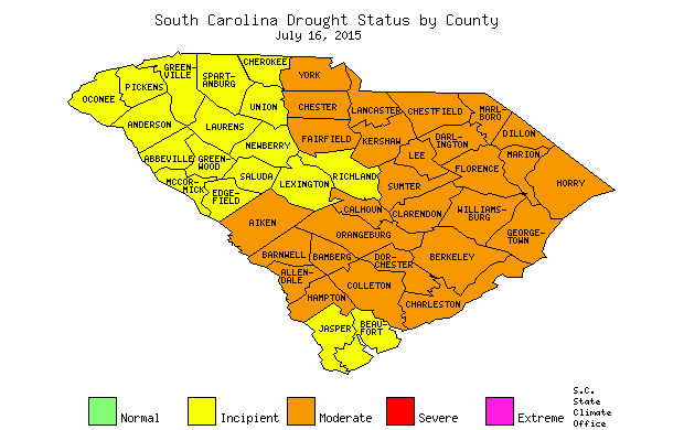 South Carolina Drought Map for July 16, 2015