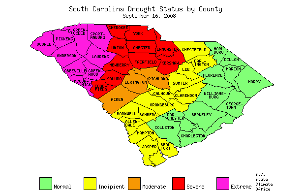 South Carolina Drought Map for September 16, 2008