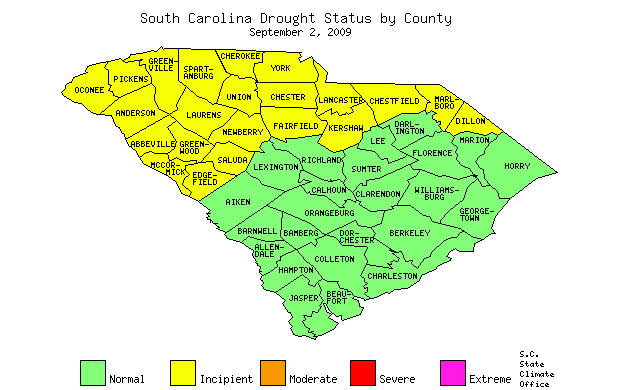 South Carolina Drought Map for September 2, 2009
