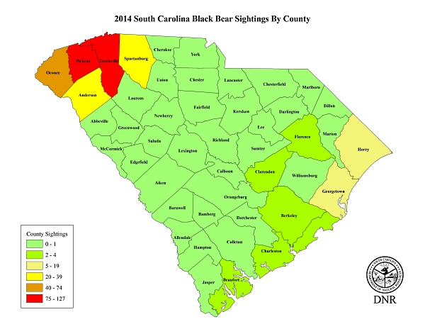 South Carolina map showing 2014 Black Bear Sightings by County