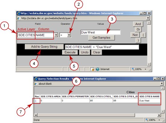 Example of query tool and resulting table