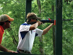 A member of the Laurence Manning Academy sporting clays team shooting at Backwoods Sporting Clays. A member of the Laurence Manning Academy sporting clays team shooting at Backwoods Sporting Clays.