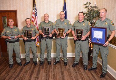 The SCDNR Law Enforcement Officers of the Year were (from left) Jim Shelton of Charleston, Ryan Abernathy of Ware Shoals, Wes Stewart of Lancaster, Ed Laney of Dalzell, Michael Brock of Bluffton and Jordan Douglas of Summerton. (SCDNR photo by Greg Lucas)