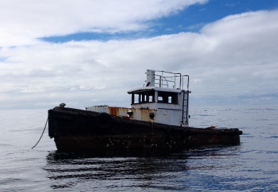 SCDNR sunk a 42-foot tugboat last week at the Little River Offshore reef site, also known as PA-02. Funded in part by the Coastal Conservation Association South Carolina (CCA SC), the new reef section is named the CCA-Little River Offshore Reef. (SCDNR photos by Erin Weeks)
