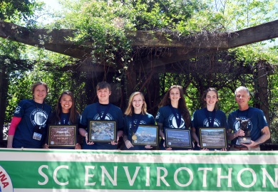 Spartanburg High School Team A recently won the South Carolina Envirothon competition held at the Sandhill Research and Education Center in Columbia. Team members and coaches are (from left) Coach Rebecca Gentry, Hannah Jordan, Matt Evans, Nan Miles, Isabella Goodchild-Michelman, Louise Franke and Coach Rob Wilder. Spartanburg's Team A will compete in July at the National Conservation Foundation's Envirothon in Pocatello, Idaho.