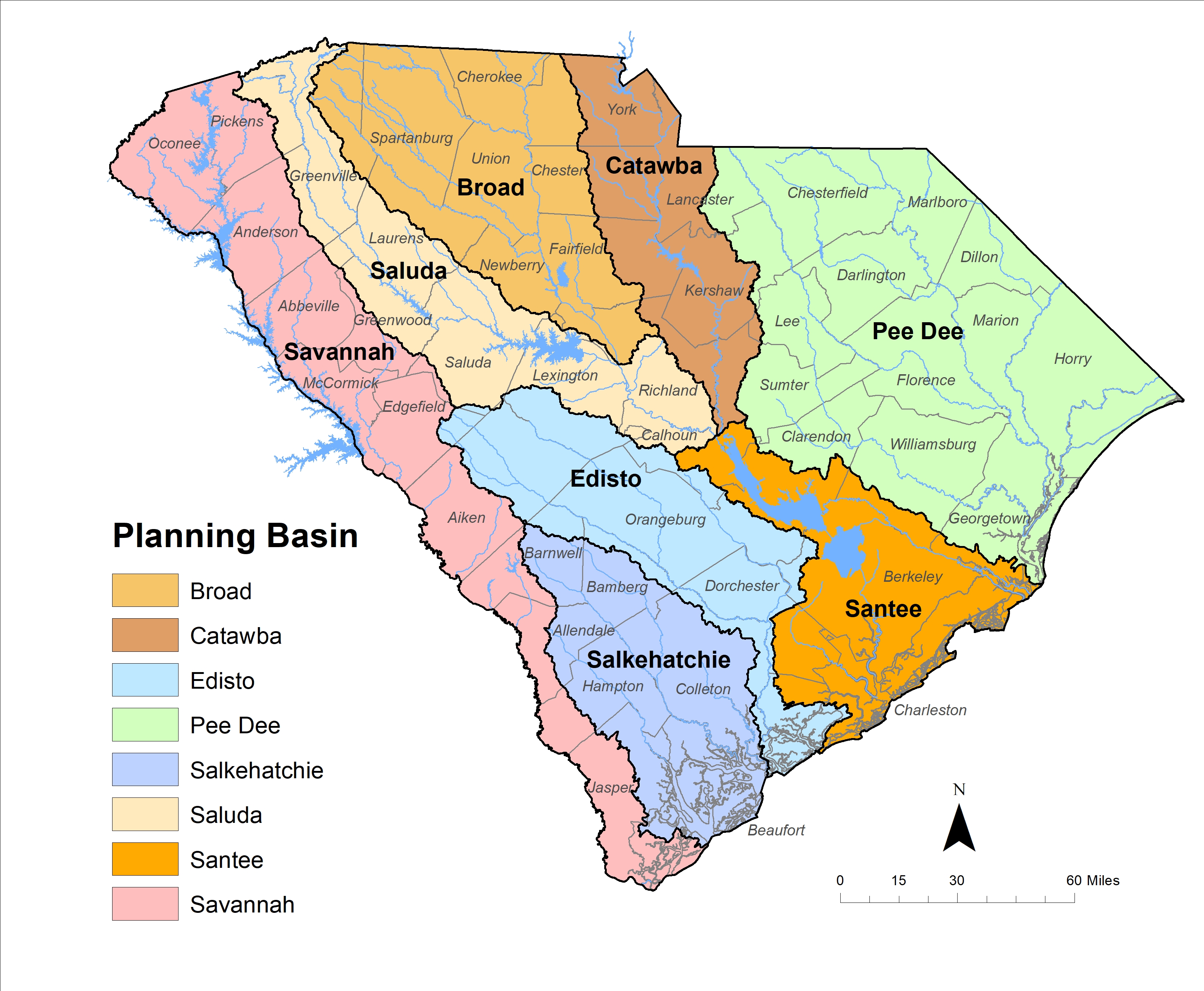 South Carolina has eight major river basins