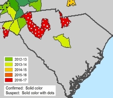 White-nose syndrome occurrence map for South Carolina. Last Updated: 10/12/2017