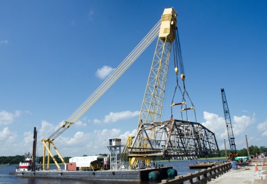 The steel swing bridge over the Wando River is slowly lifted out of place. (Photo: Cameron Rhodes)