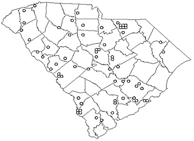 Figure 1.	South Carolina Bobwhite Quail Whistling Cock Census route locations: 1979 - 2017.