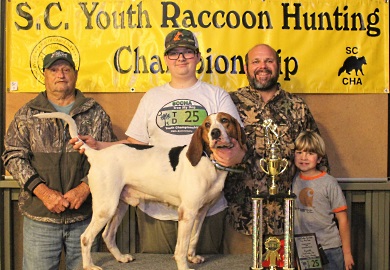 Jace Shuler won first place in the 25th annual State Youth Coon Hunting Championship, held March 2, 2019 in Hampton County. [SCDNR photo by J. Butfiloski]