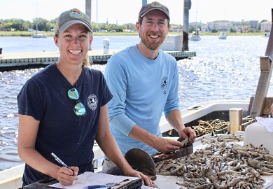 SCDNR biologists Kristin Hamilton and Mike Kendrick measure and count white shrimp aboard a regular trawl survey in 2018. (Photo: E. Weeks/SCDNR)