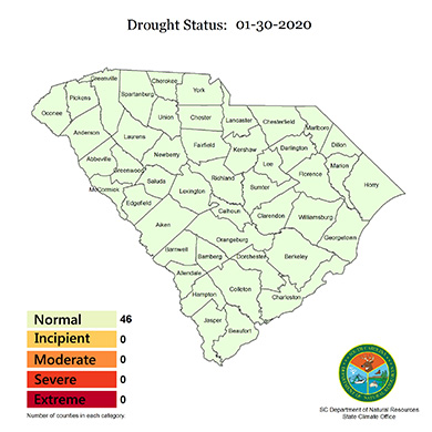 Map of South Carolina showing Drought Status