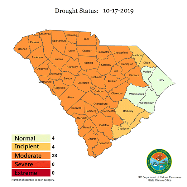 Map of South Carolina showing the drought status of every county.