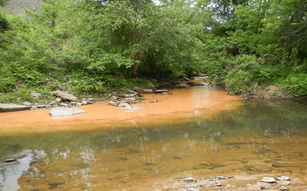 Shallow stream with confluence of another stream with suspended sediment