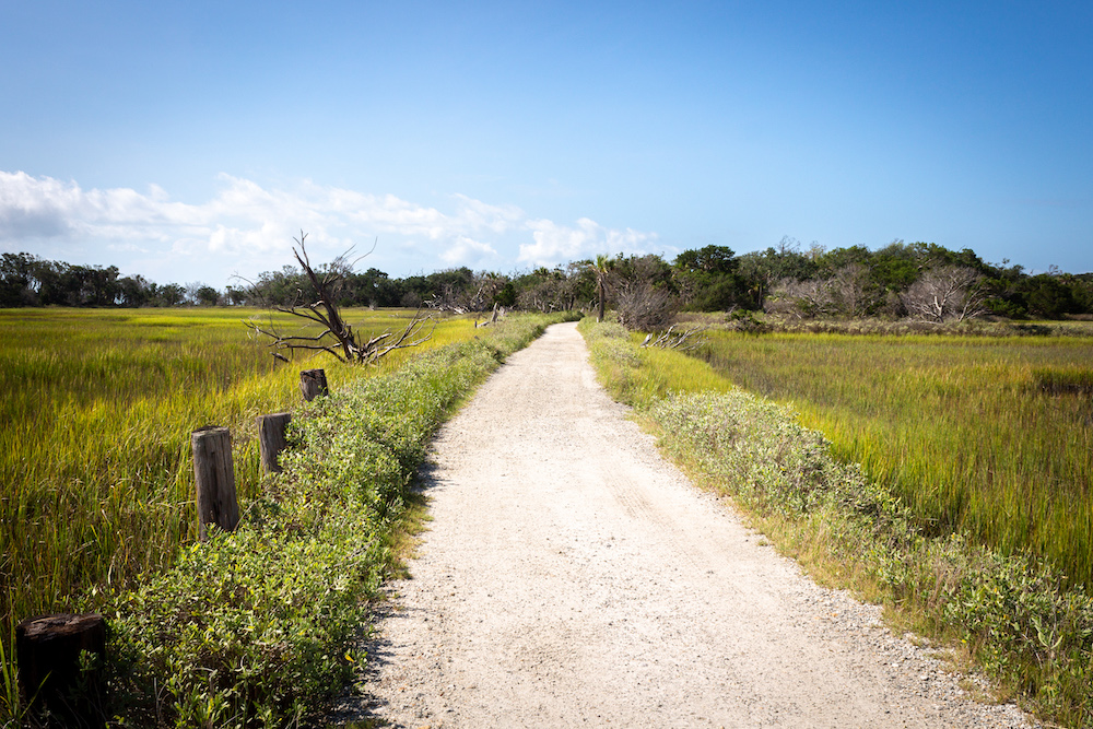 The walkway to the beach at Botany Bay Plantation surrounded by marsh