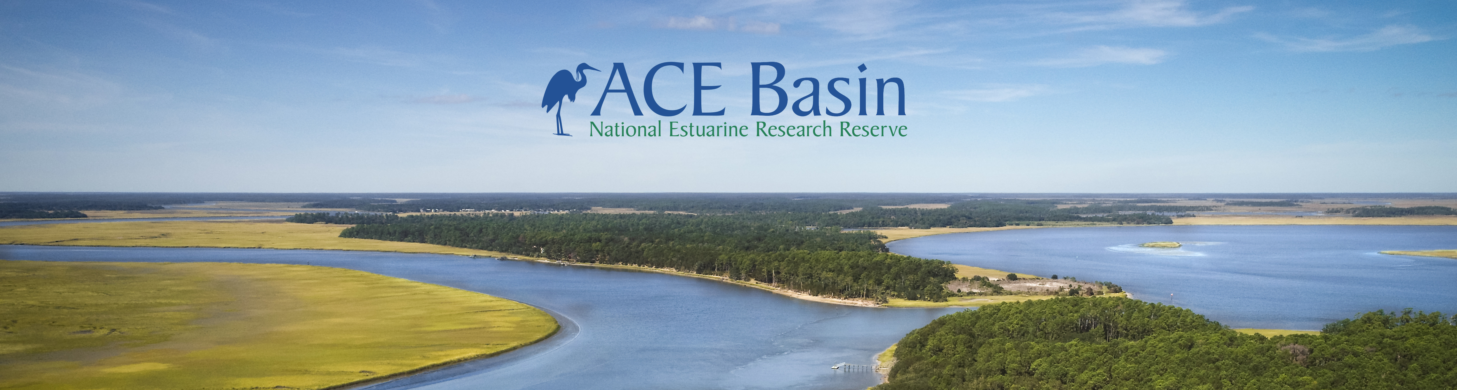 An aerial image of the Ashepoo River with the ACE Basin National Estuarine Research Reserve Logo