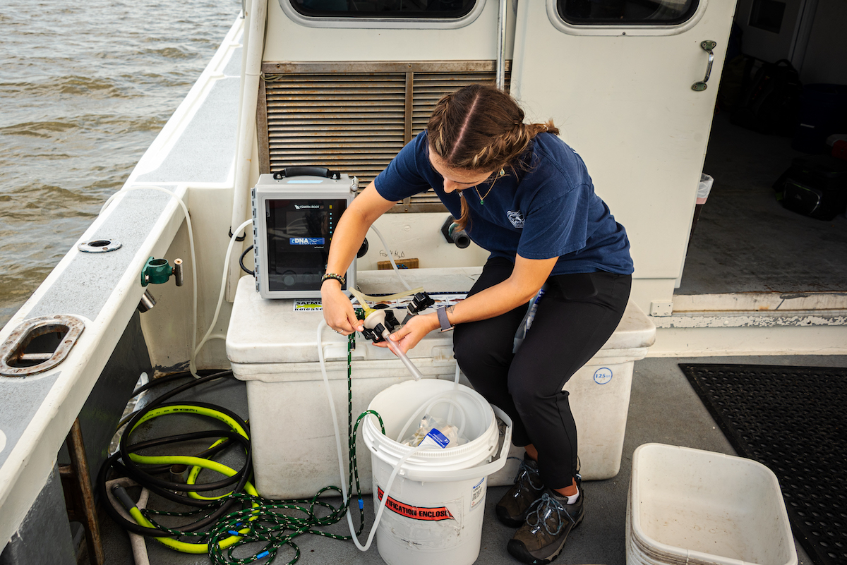 A biologist handles equipment aboard a research vessel