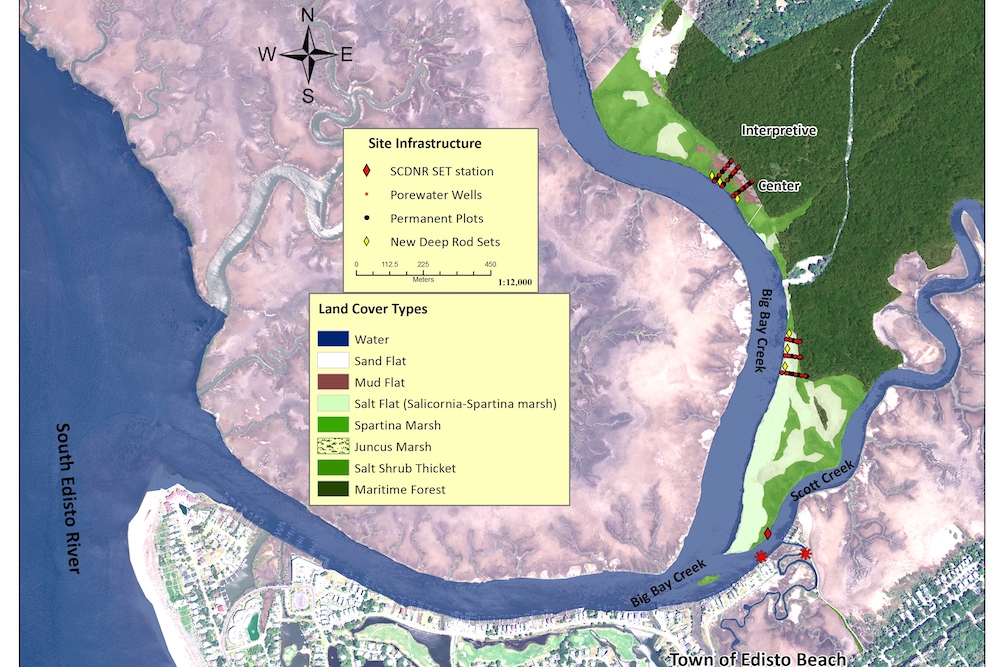 A map of Big Bay Creek near Edisto Beach showing SCDNR SET stations, porewater wells, and New Deep Rod sets in areas of spartina marsh and sand flats.