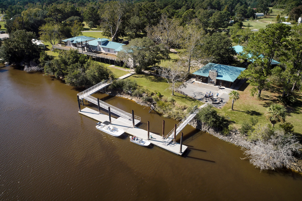 An aerial view of the field station, pavillion, and dock at Bennett's Point