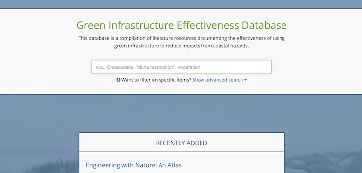 Preview of the search page for the Green Infrastructure Effectiveness database