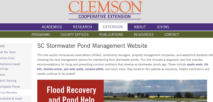 A preview of Clemson University's Stormwater Pond Management webpage
