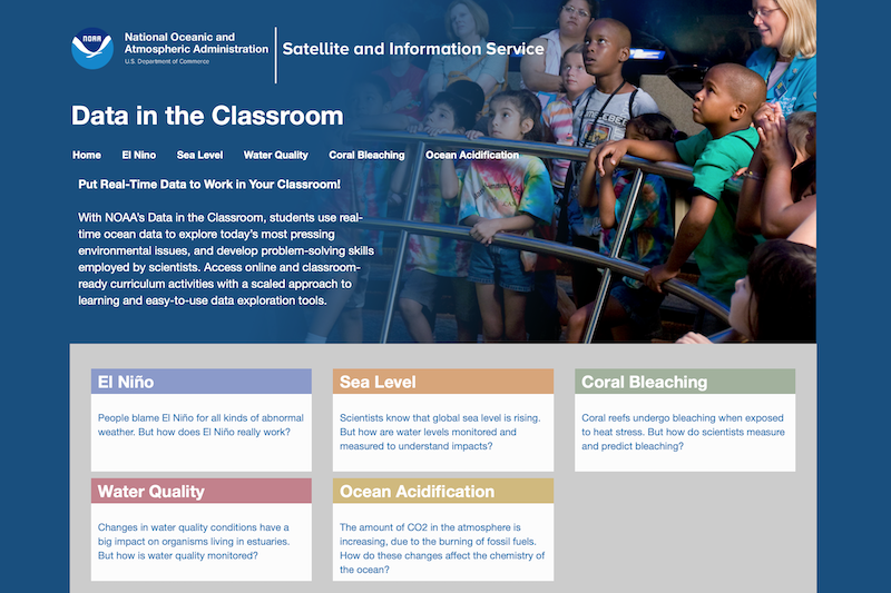 NOAA's Data in the Classroom Portal showing topics including El Niño, Sea Level, Coral Bleaching, and more.