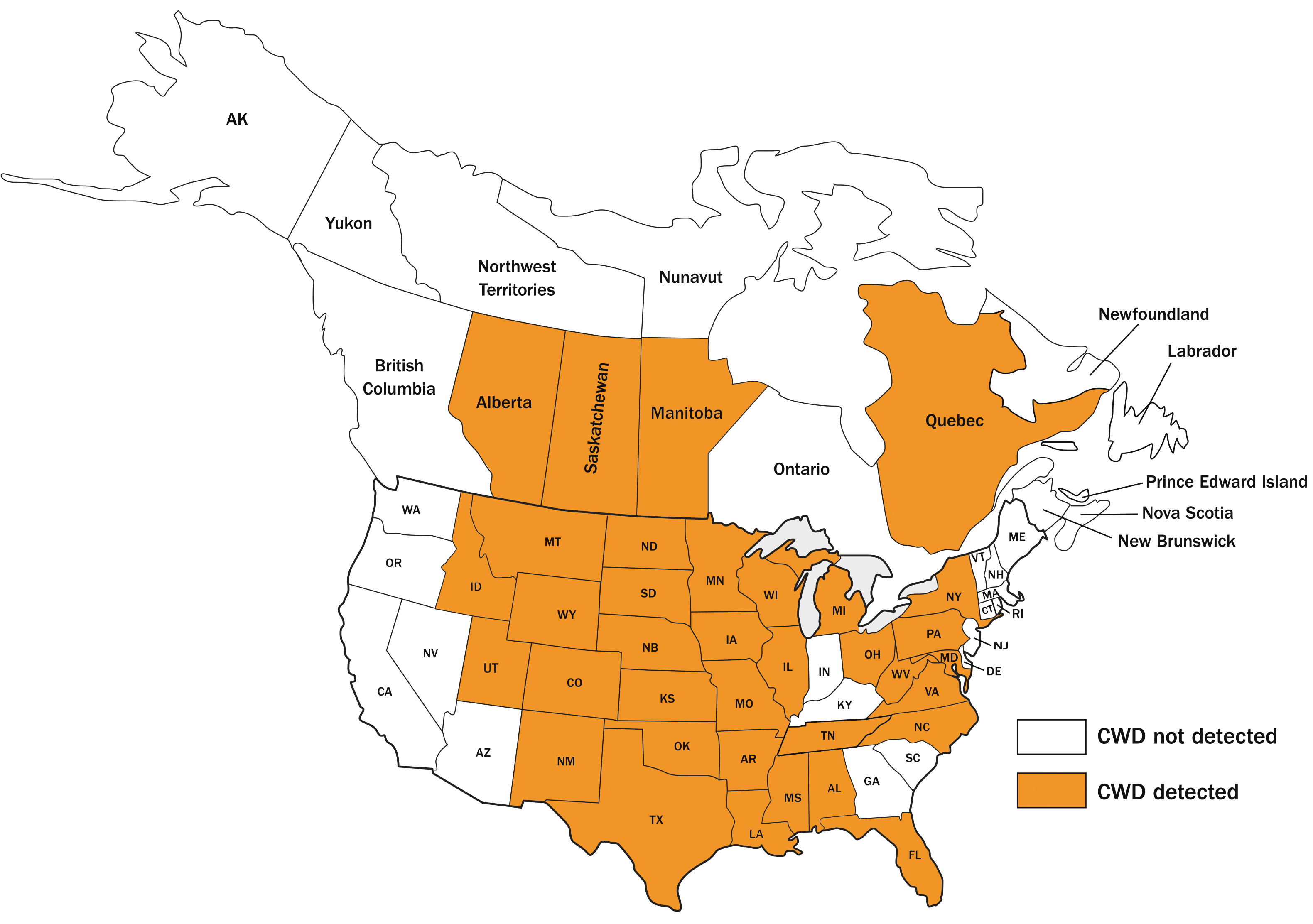 CWD Affected US States and Canadian Provinces as of September 2023