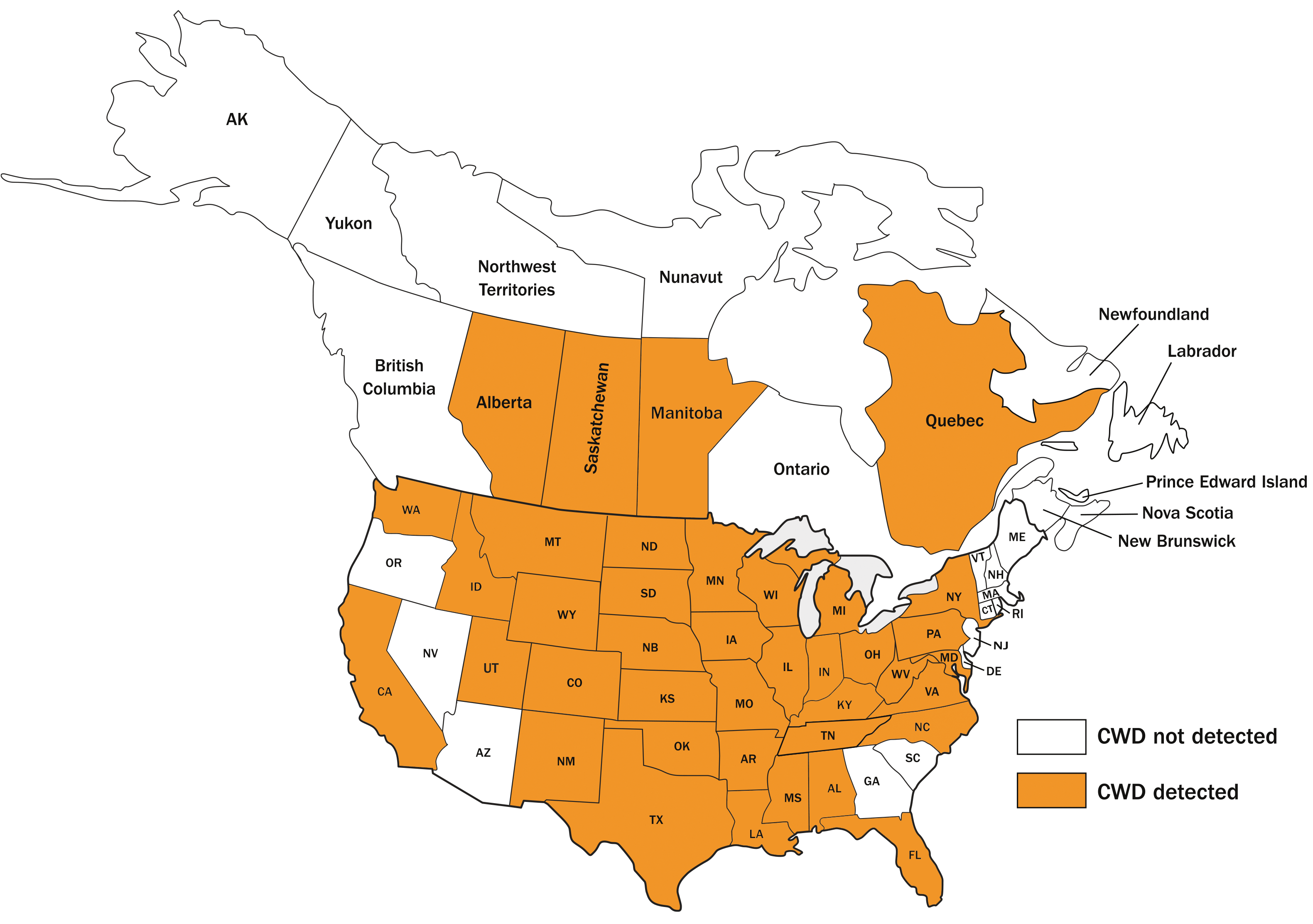 CWD Affected US States and Canadian Provinces as of September 2024